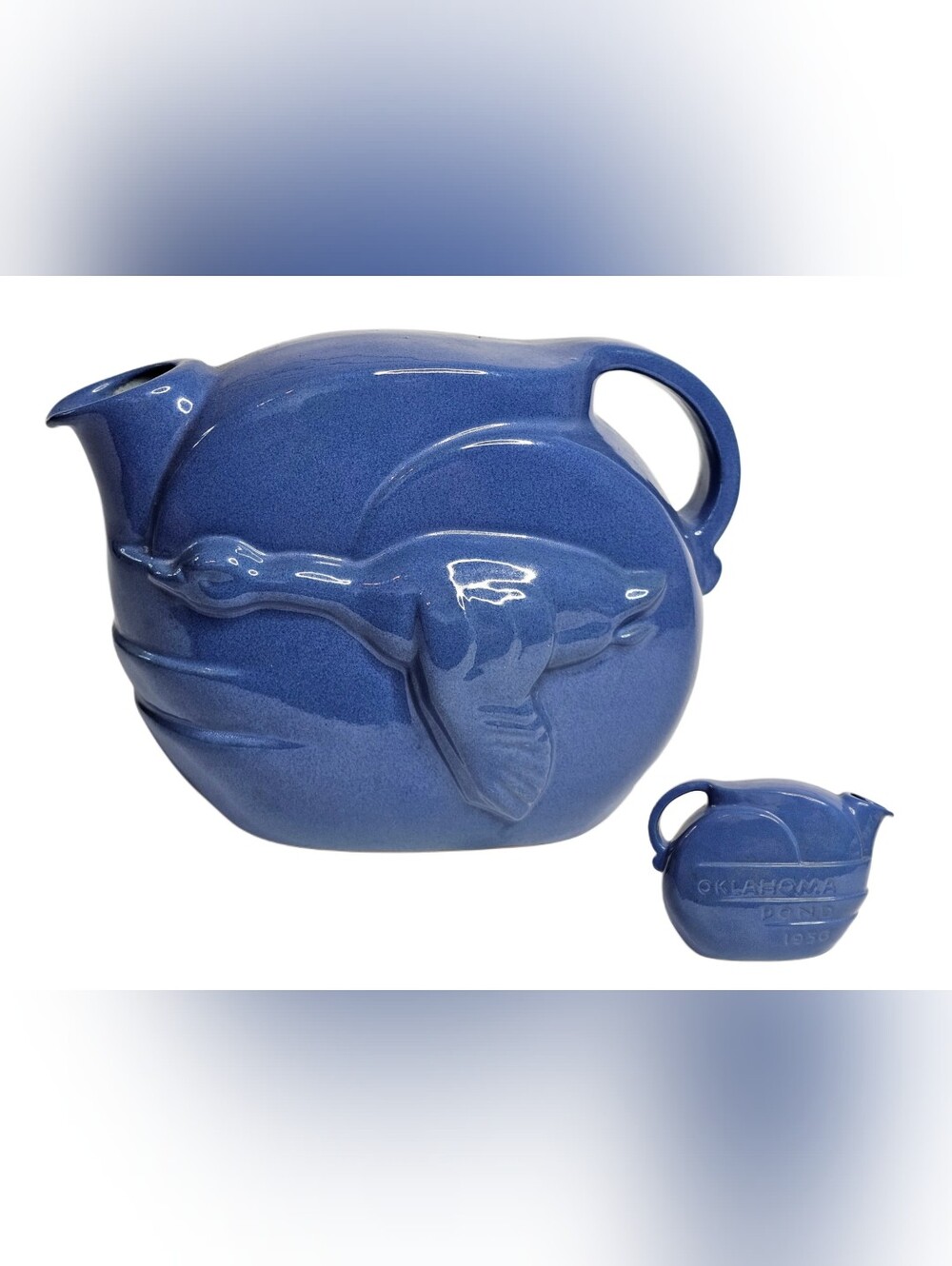 Vtg Frankoma Pottery Blue Oklahoma Pond 1956 Pitcher Jug Flying Duck Bird #90